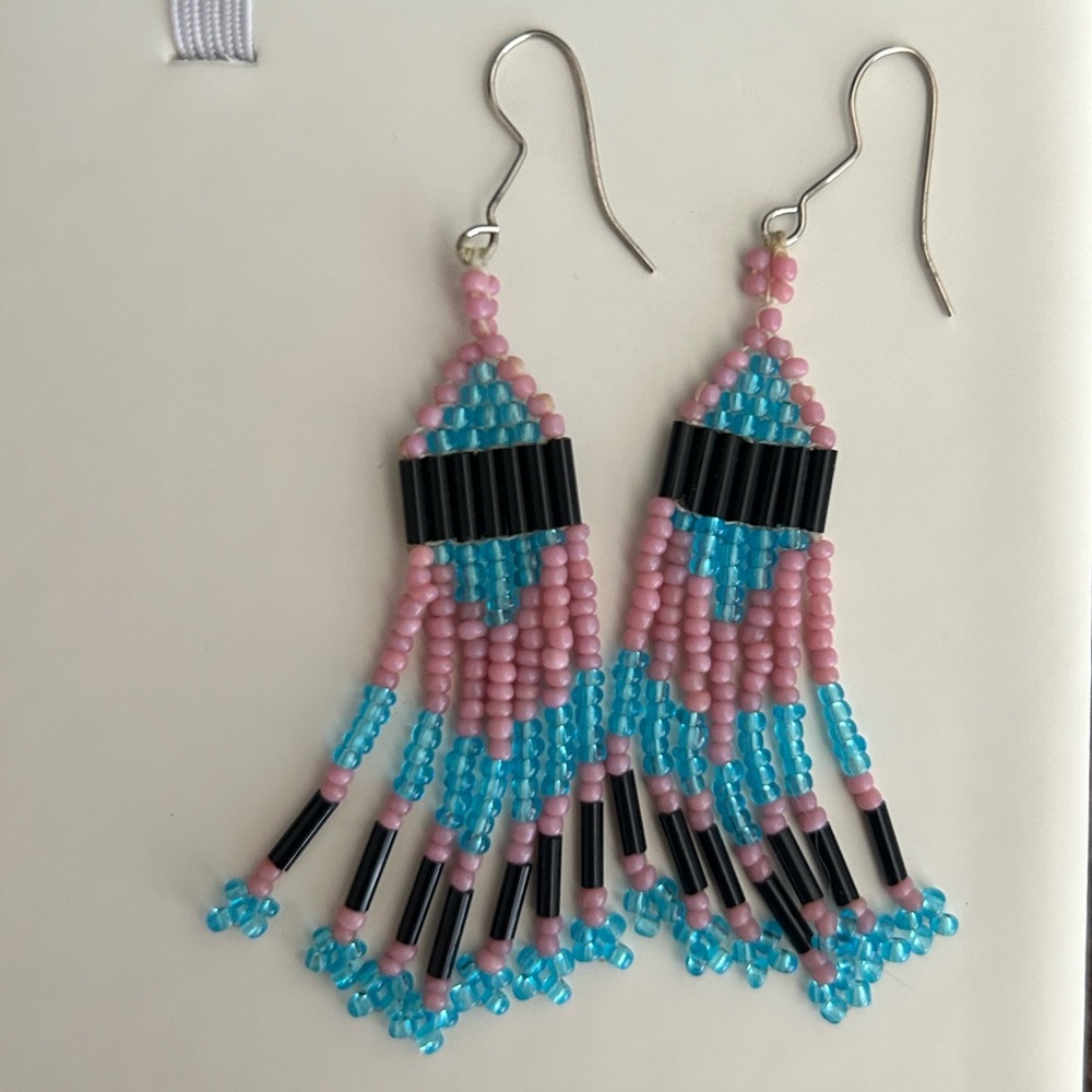 Authentic Vintage Native American Bead Earrings Pink Blue Black